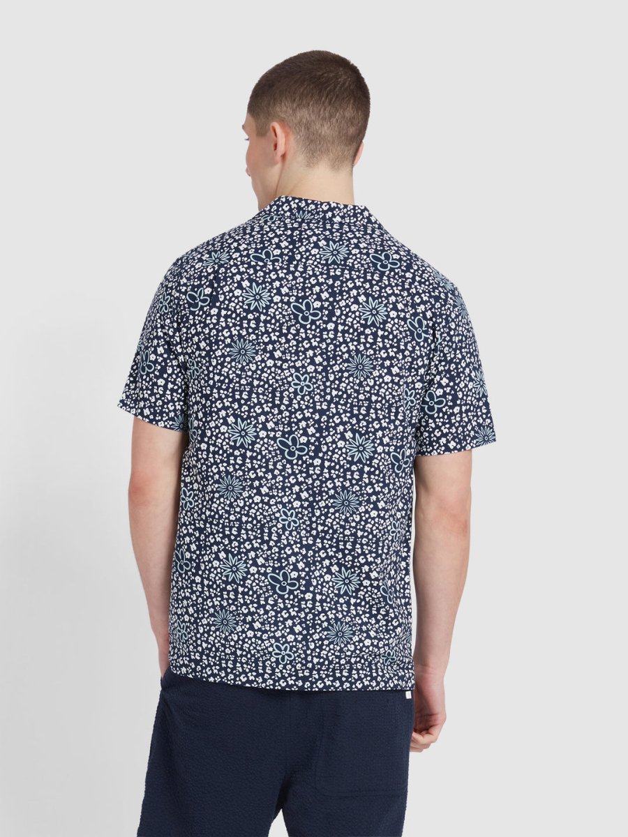 Landon Short Sleeve Floral Print Shirt In True Navy - RUTHERFORD & Co