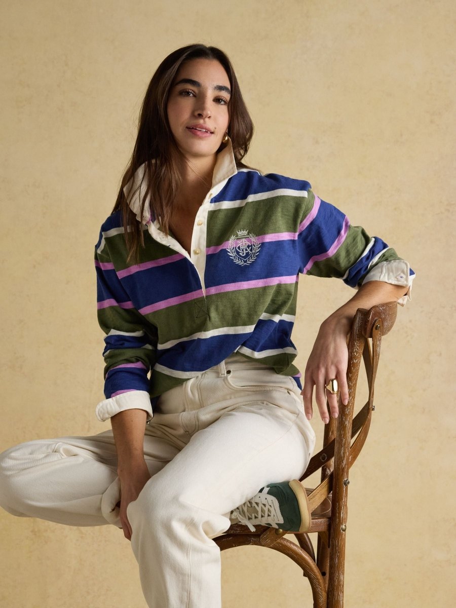 Lara Blue & Green Stripe Boxy Fit Rugby Shirt - RUTHERFORD & Co