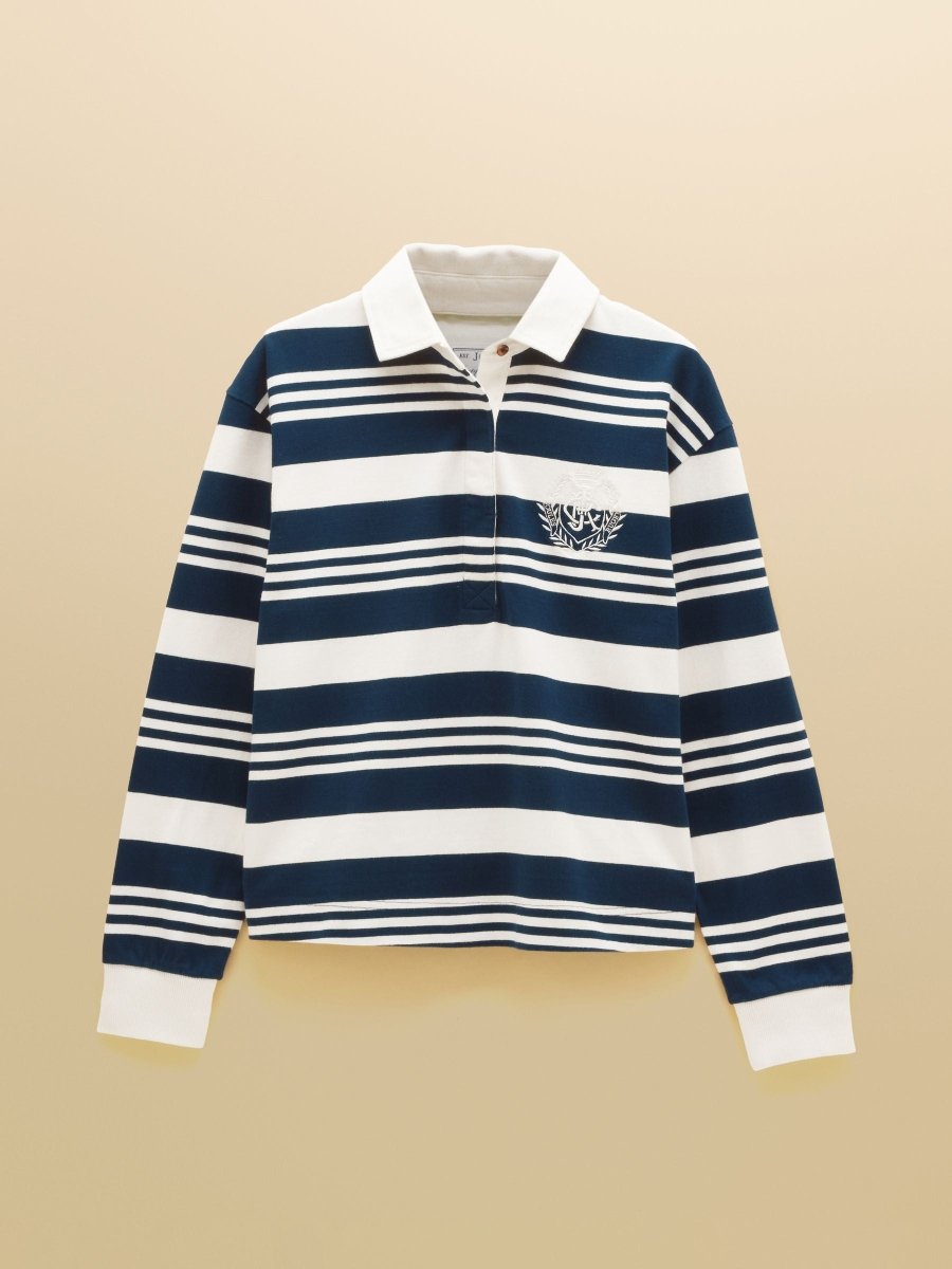 Lara Navy & Cream Stripe Cotton Collared Long Sleeve Rugby Shirt - RUTHERFORD & Co
