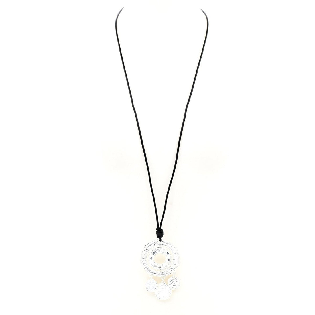 Large beaten disc with small disc droppers on long leather necklace - RUTHERFORD & Co