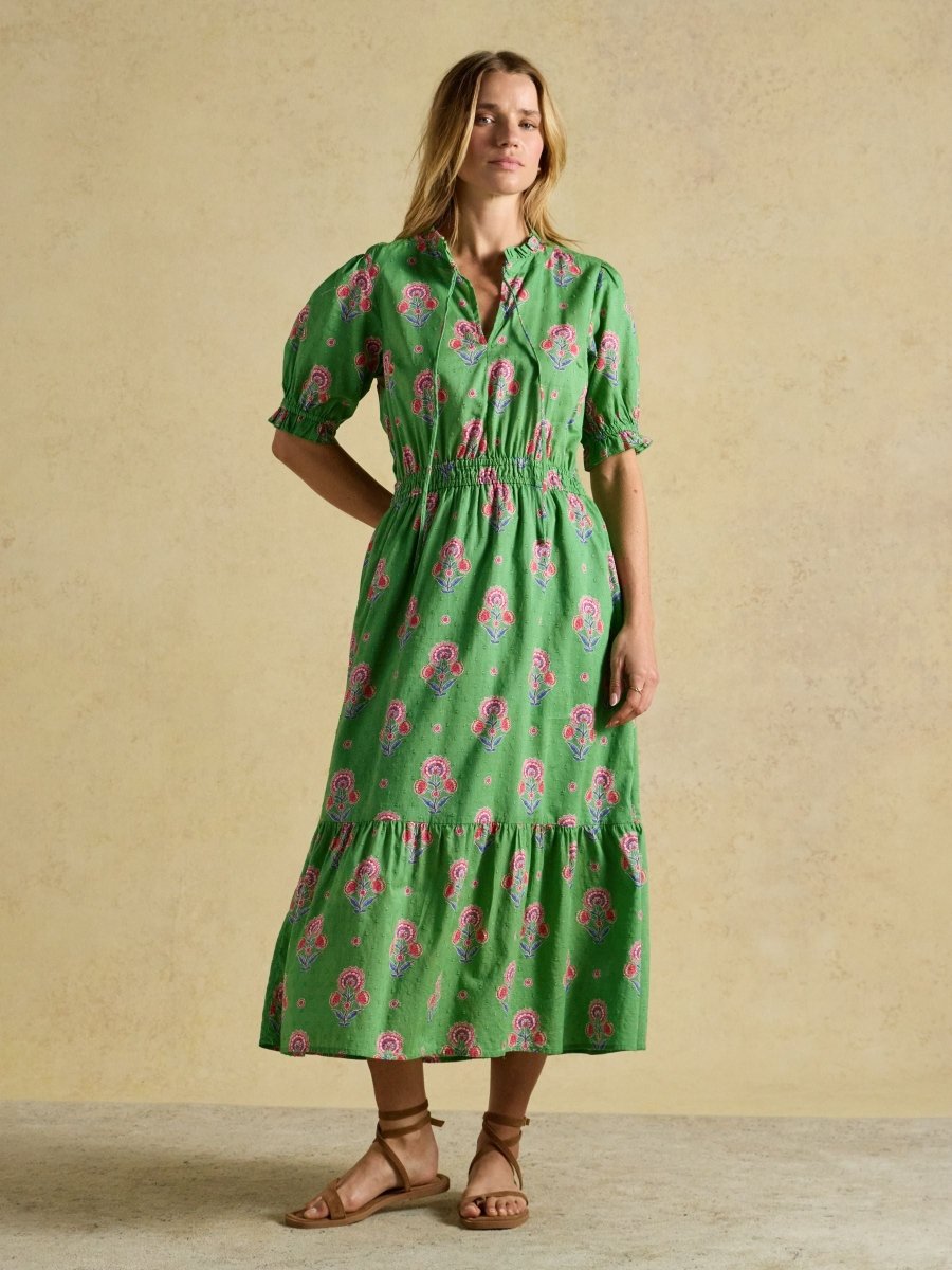 Larissa Green & Pink Foulard Print Tie Neck Midi Dress - RUTHERFORD & Co