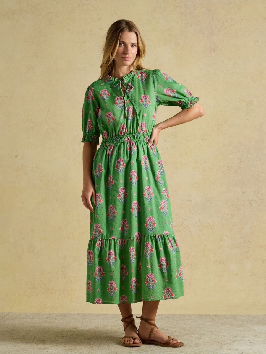 Larissa Green & Pink Foulard Print Tie Neck Midi Dress - RUTHERFORD & Co