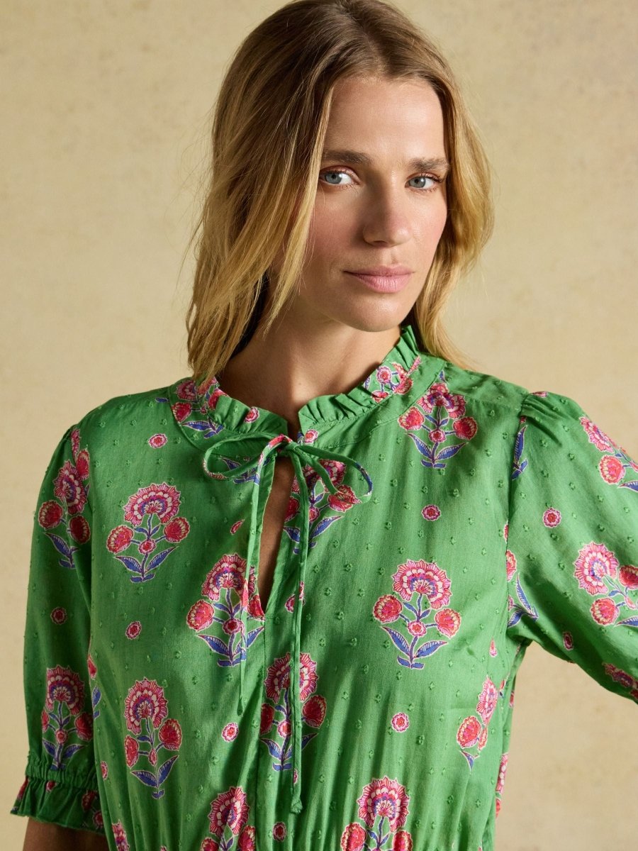 Larissa Green & Pink Foulard Print Tie Neck Midi Dress - RUTHERFORD & Co