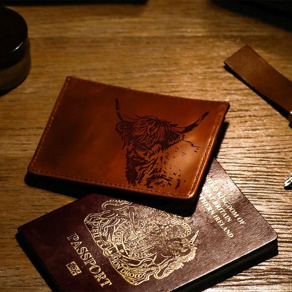 LEATHER CARD WALLET/HIGHLAND COW - RUTHERFORD & Co