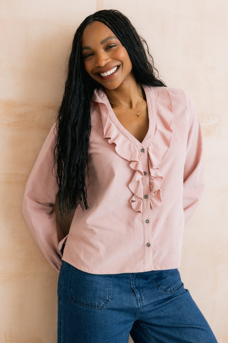 Leonora V-Neck Ruffle Blouse Blush - RUTHERFORD & Co