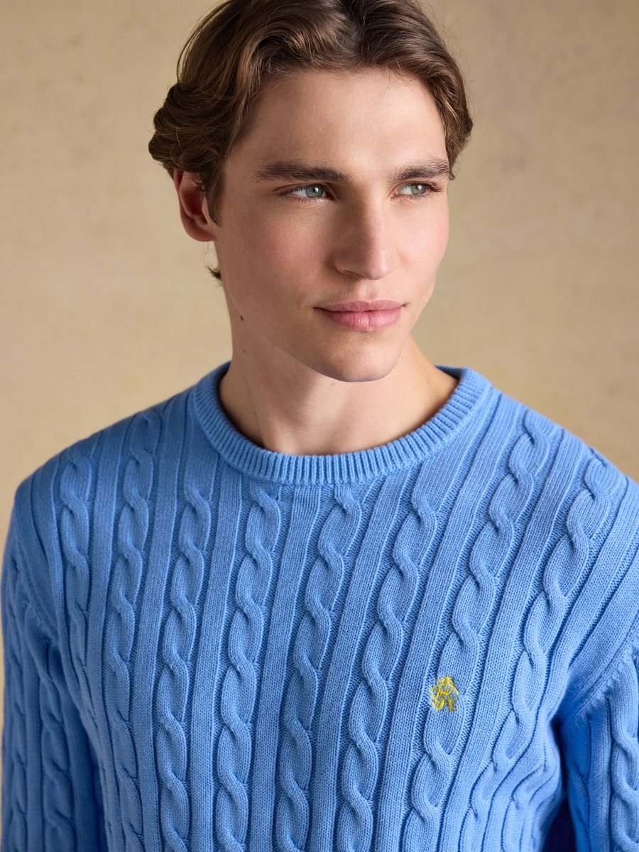 Light Blue Crew Neck Cotton Cable Knit Jumper - RUTHERFORD & Co