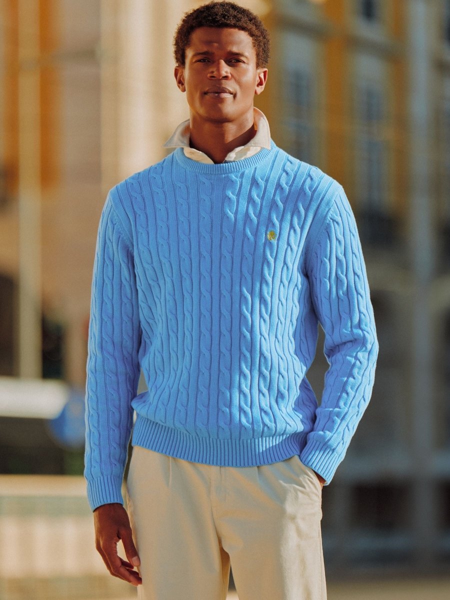 Light Blue Crew Neck Cotton Cable Knit Jumper - RUTHERFORD & Co