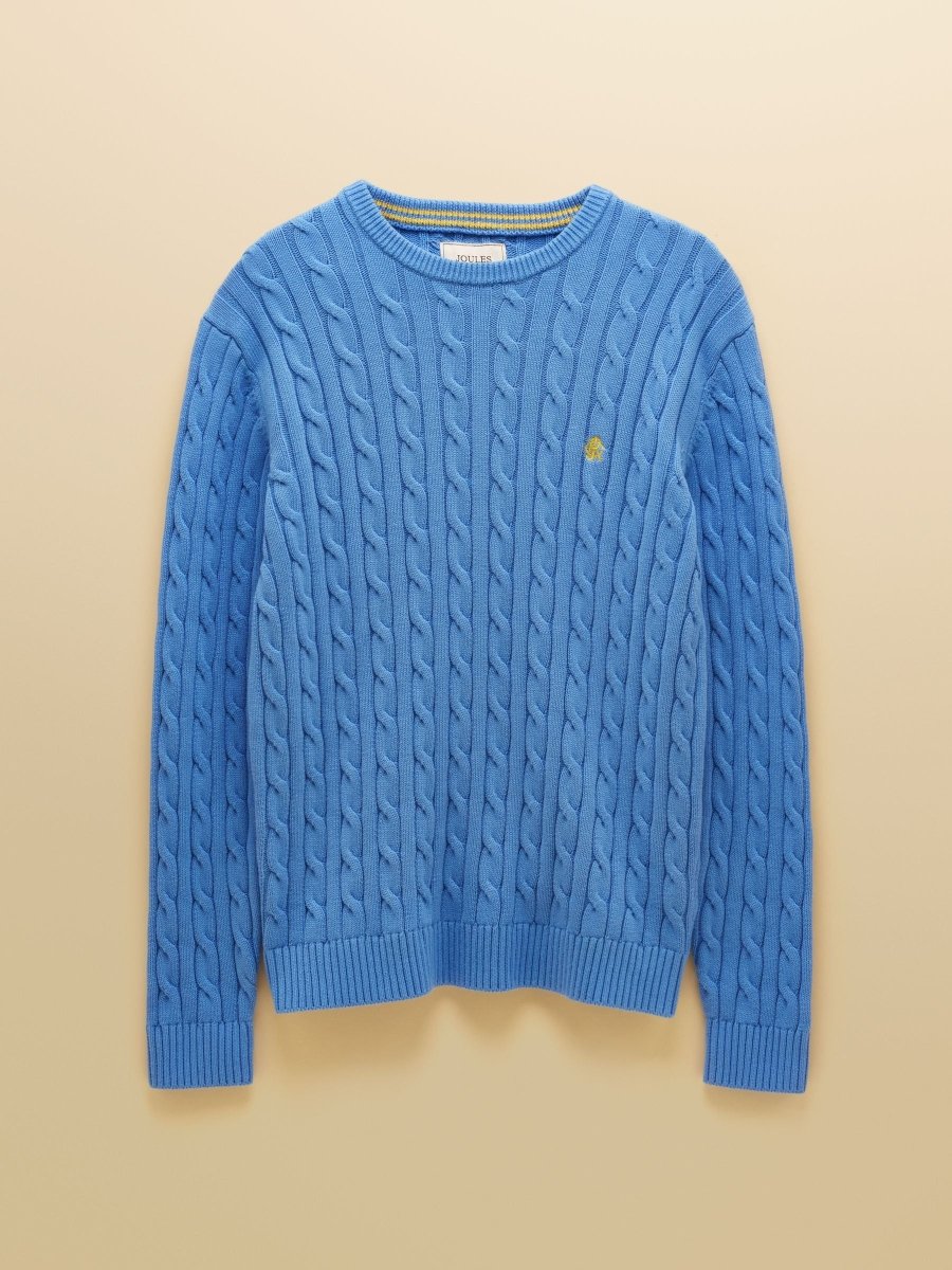 Light Blue Crew Neck Cotton Cable Knit Jumper - RUTHERFORD & Co