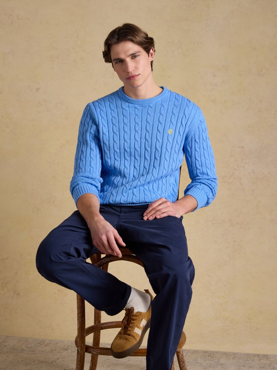 Light Blue Crew Neck Cotton Cable Knit Jumper - RUTHERFORD & Co