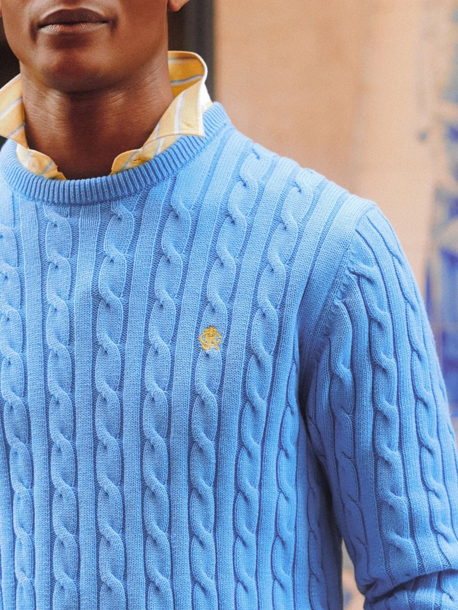 Light Blue Crew Neck Cotton Cable Knit Jumper - RUTHERFORD & Co