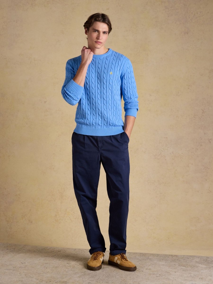 Light Blue Crew Neck Cotton Cable Knit Jumper - RUTHERFORD & Co