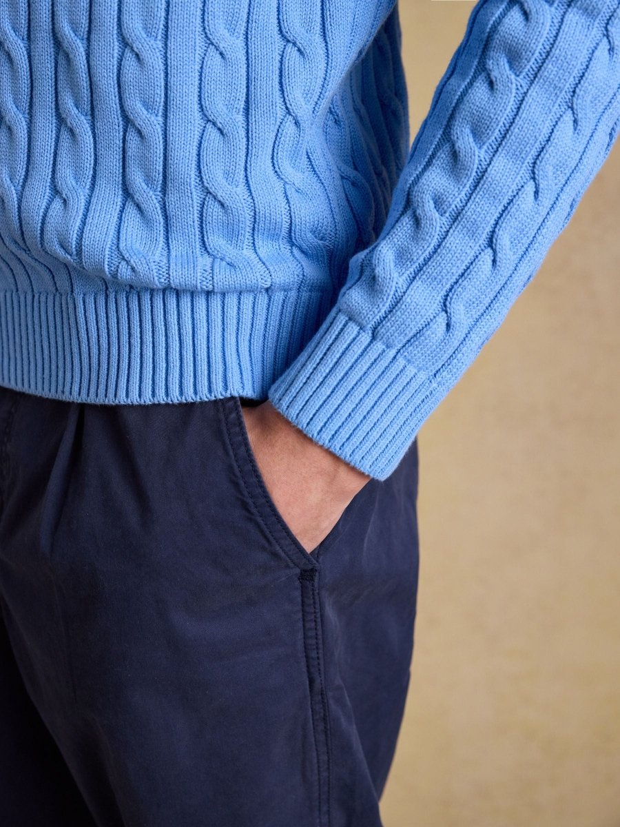 Light Blue Crew Neck Cotton Cable Knit Jumper - RUTHERFORD & Co
