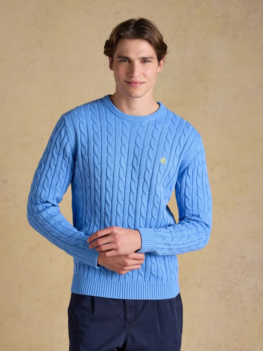 Light Blue Crew Neck Cotton Cable Knit Jumper - RUTHERFORD & Co