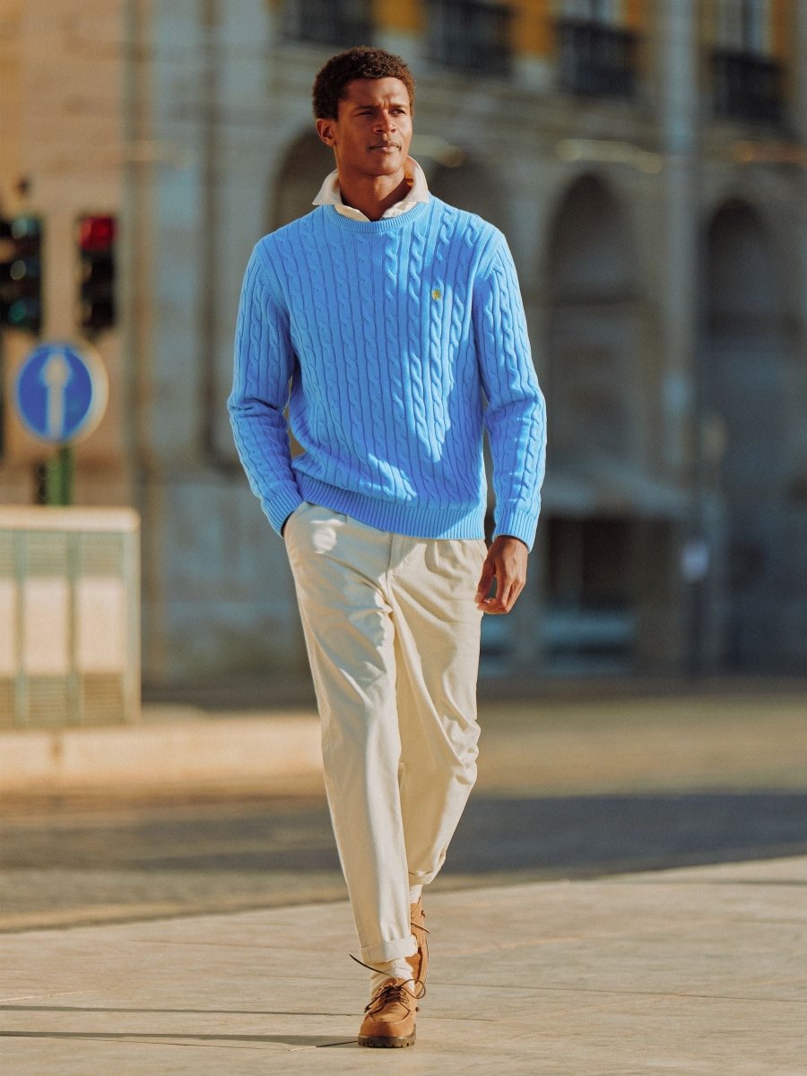 Light Blue Crew Neck Cotton Cable Knit Jumper - RUTHERFORD & Co