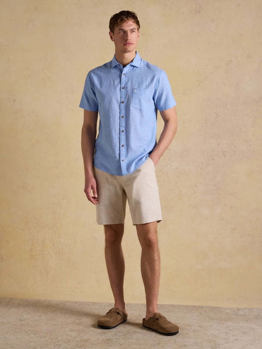 Light Blue Linen Blend Short Sleeve Shirt - RUTHERFORD & Co