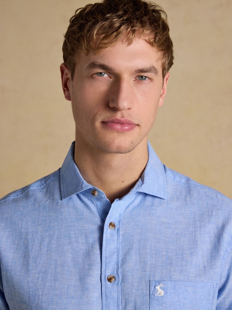Light Blue Linen Blend Short Sleeve Shirt - RUTHERFORD & Co