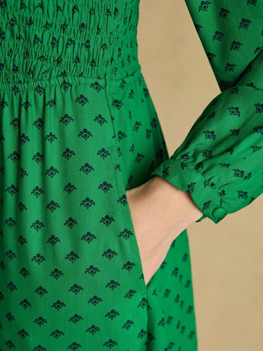 Liliana Green Foulard Print Shirred V - Neck Midi Dress - RUTHERFORD & Co