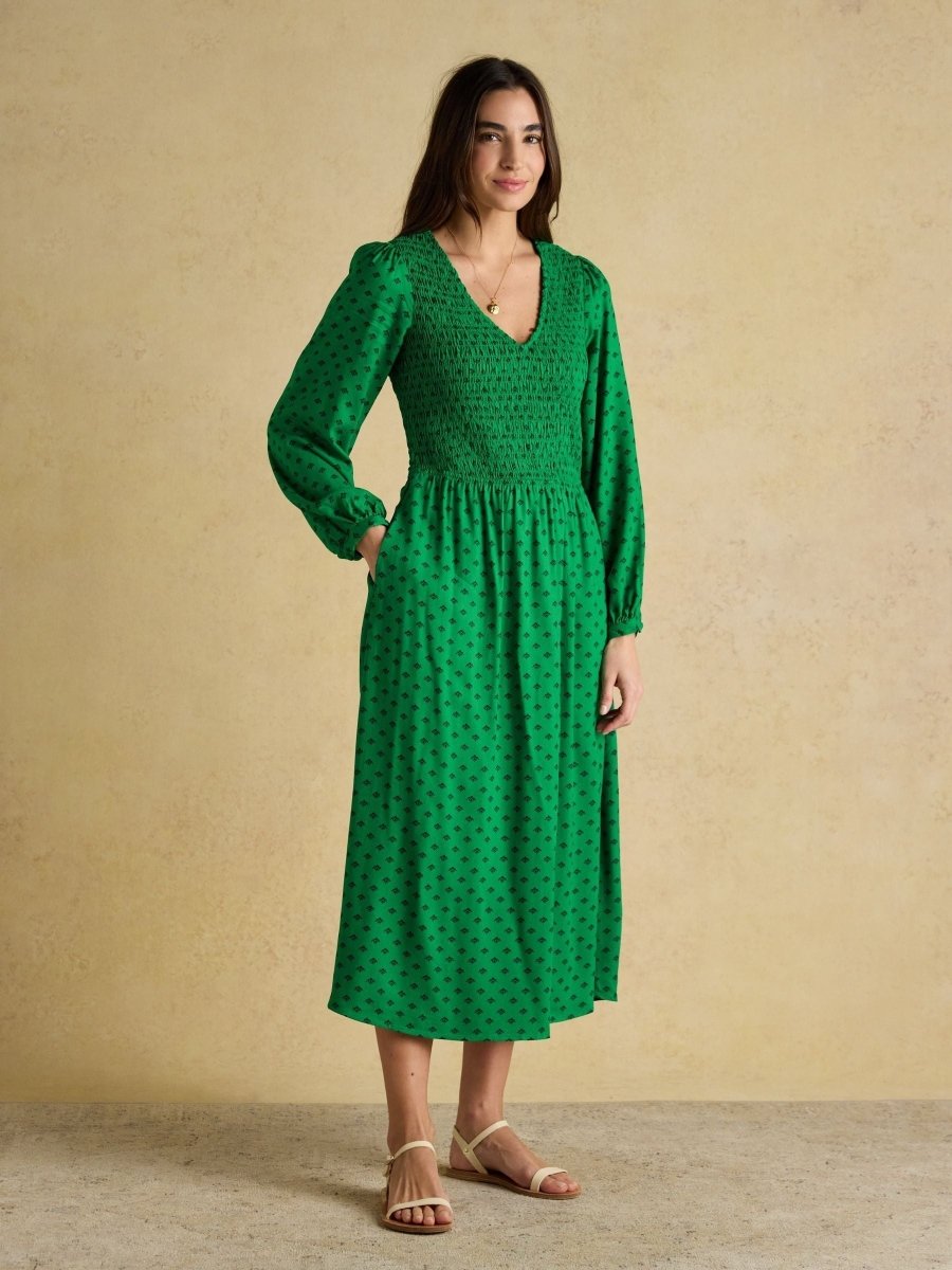 Liliana Green Foulard Print Shirred V - Neck Midi Dress - RUTHERFORD & Co