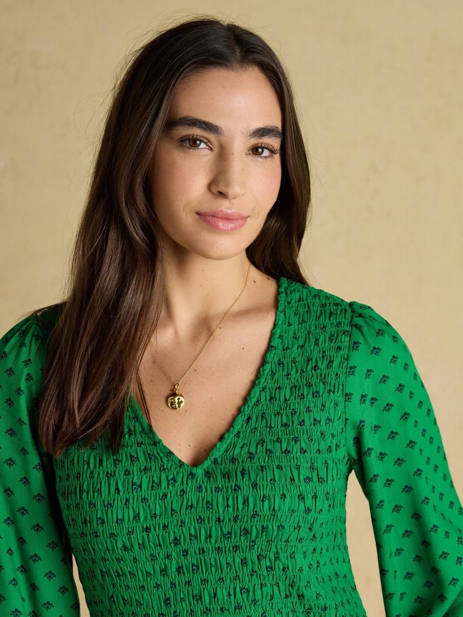 Liliana Green Foulard Print Shirred V - Neck Midi Dress - RUTHERFORD & Co