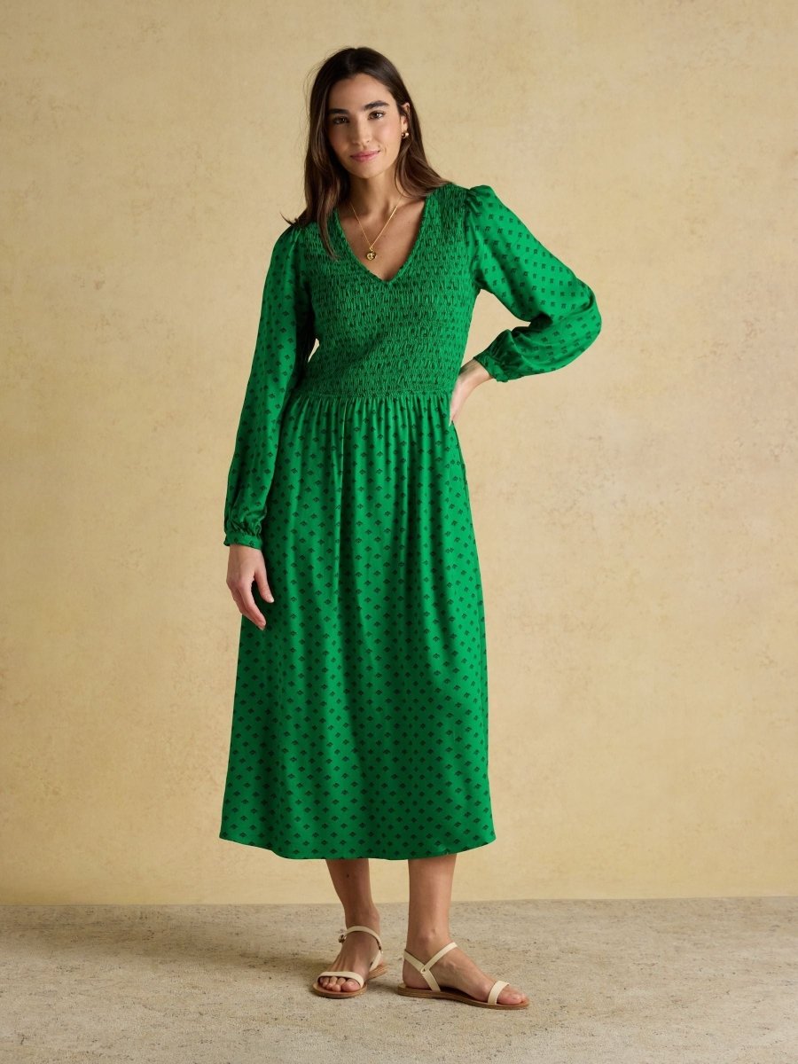 Liliana Green Foulard Print Shirred V - Neck Midi Dress - RUTHERFORD & Co