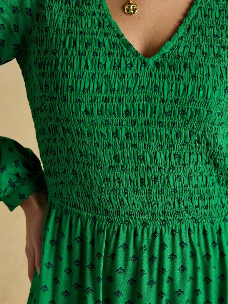 Liliana Green Foulard Print Shirred V - Neck Midi Dress - RUTHERFORD & Co