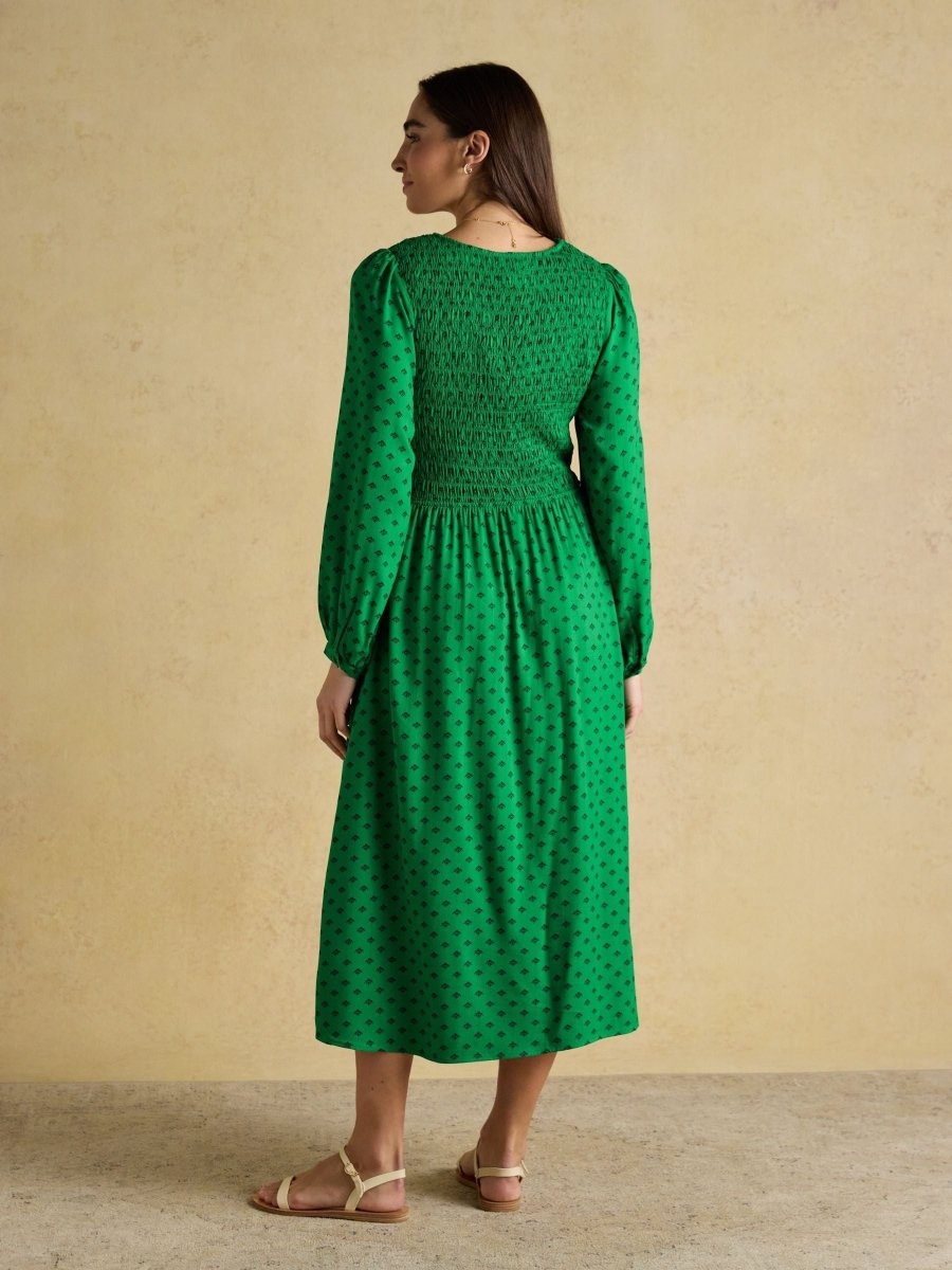 Liliana Green Foulard Print Shirred V - Neck Midi Dress - RUTHERFORD & Co