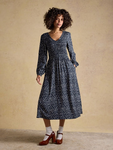 Liliana Navy Spot Shirred V - Neck Midi Dress - RUTHERFORD & Co