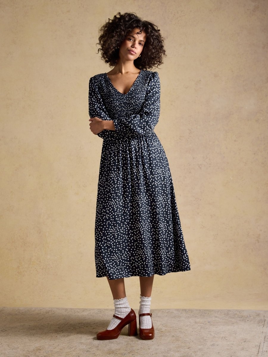 Liliana Navy Spot Shirred V - Neck Midi Dress - RUTHERFORD & Co