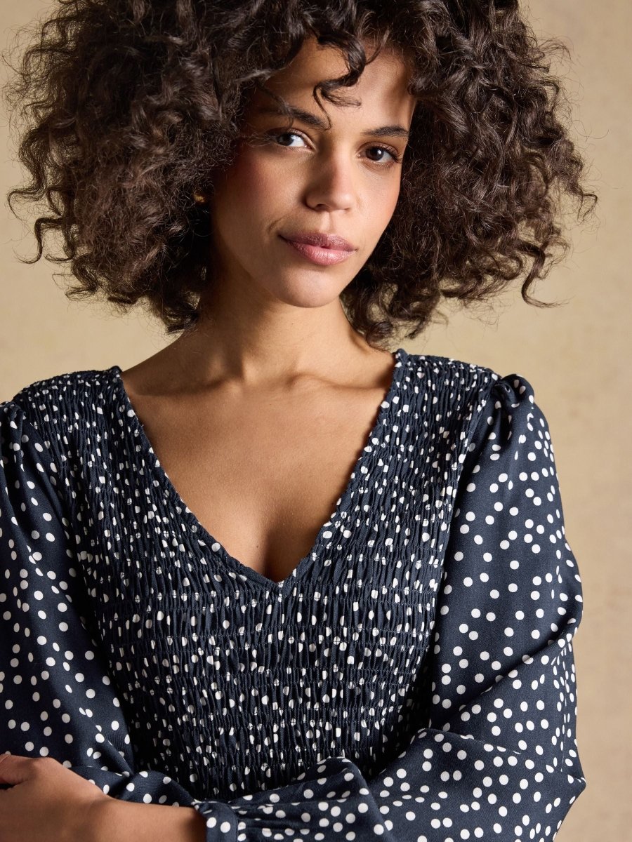 Liliana Navy Spot Shirred V - Neck Midi Dress - RUTHERFORD & Co