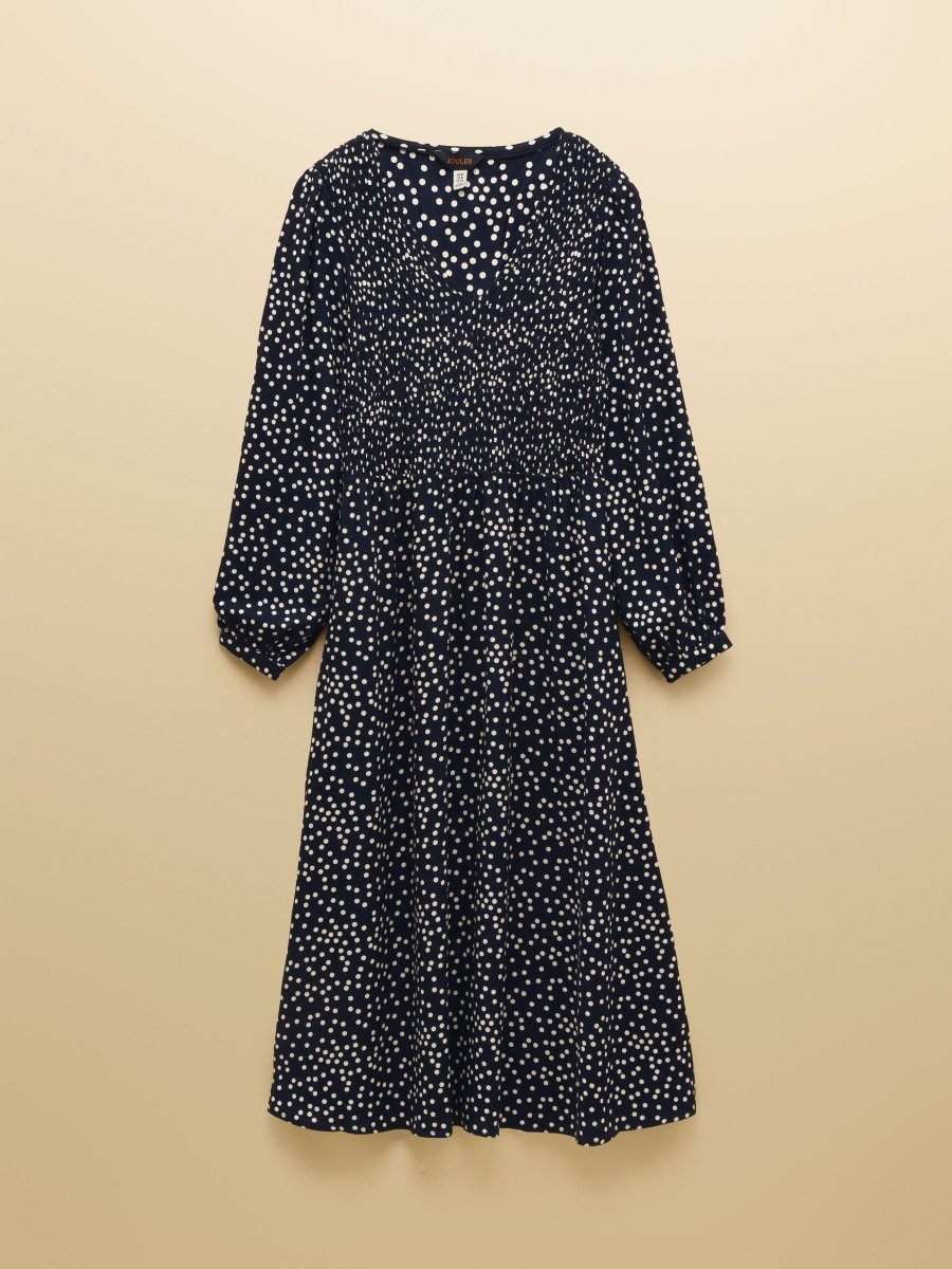Liliana Navy Spot Shirred V - Neck Midi Dress - RUTHERFORD & Co
