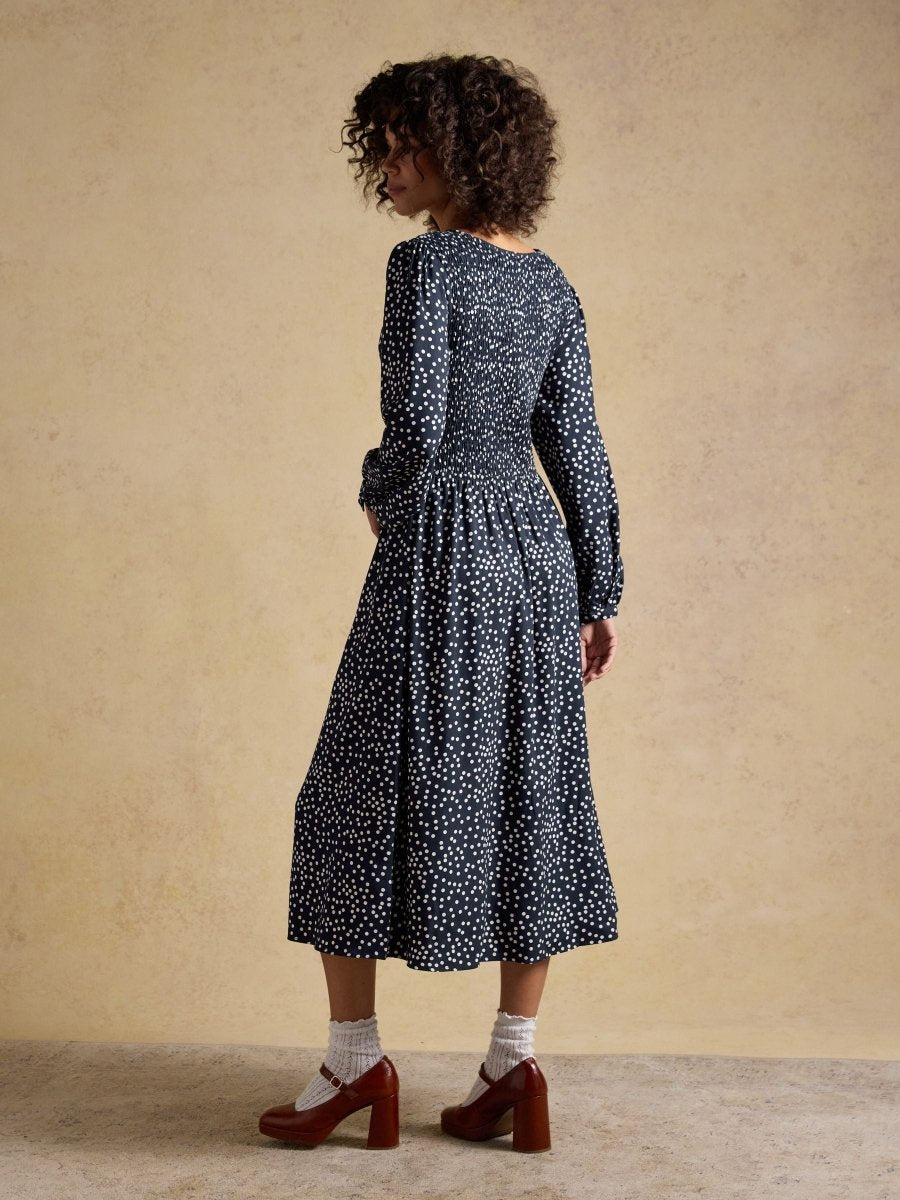 Liliana Navy Spot Shirred V - Neck Midi Dress - RUTHERFORD & Co
