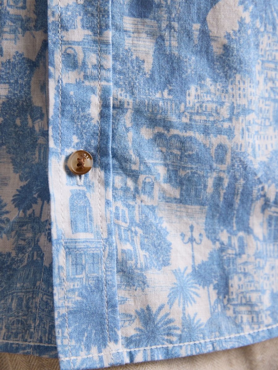 Linen Blend Blue Printed Short Sleeve Shirt - RUTHERFORD & Co