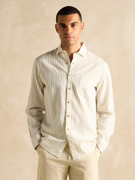 Linen Blend Cream/White Stripe Long Sleeve Shirt - RUTHERFORD & Co