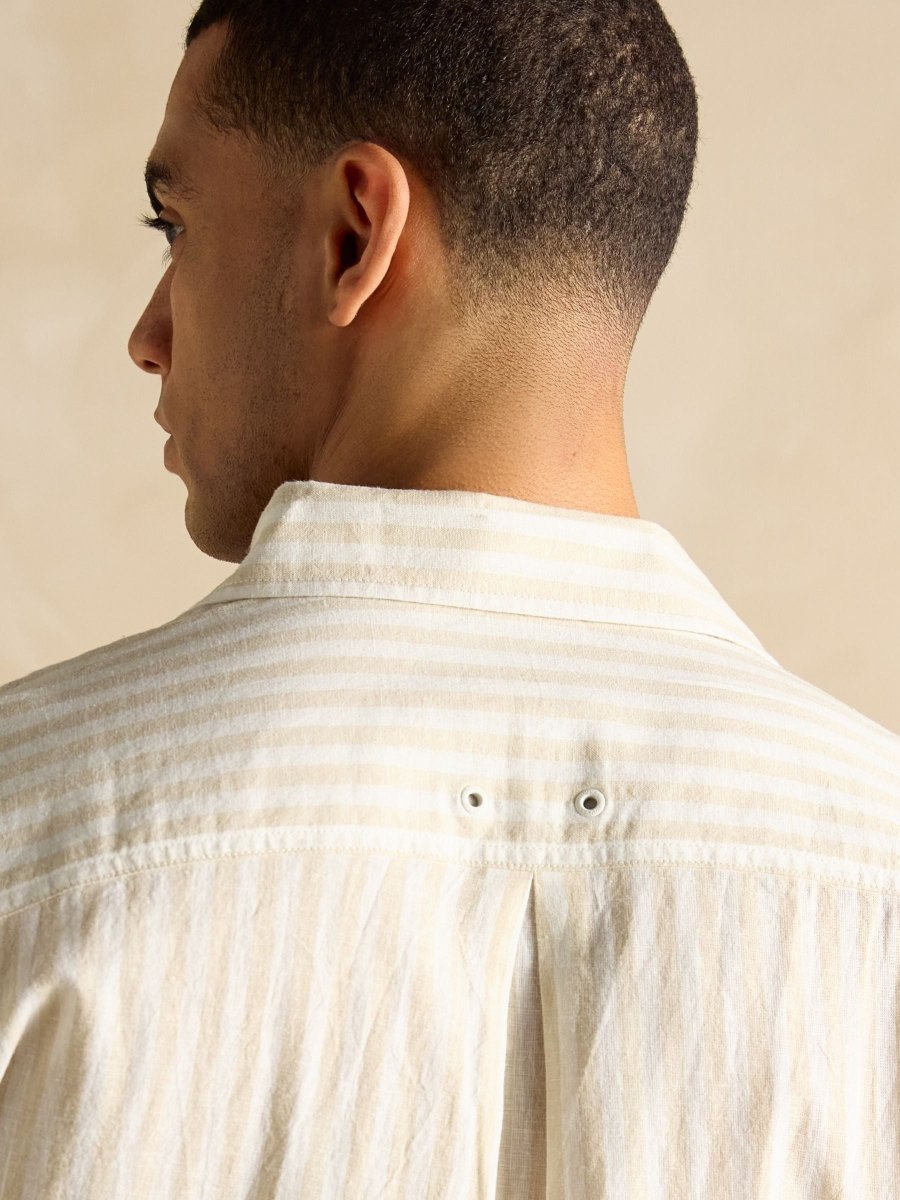 Linen Blend Cream/White Stripe Long Sleeve Shirt - RUTHERFORD & Co