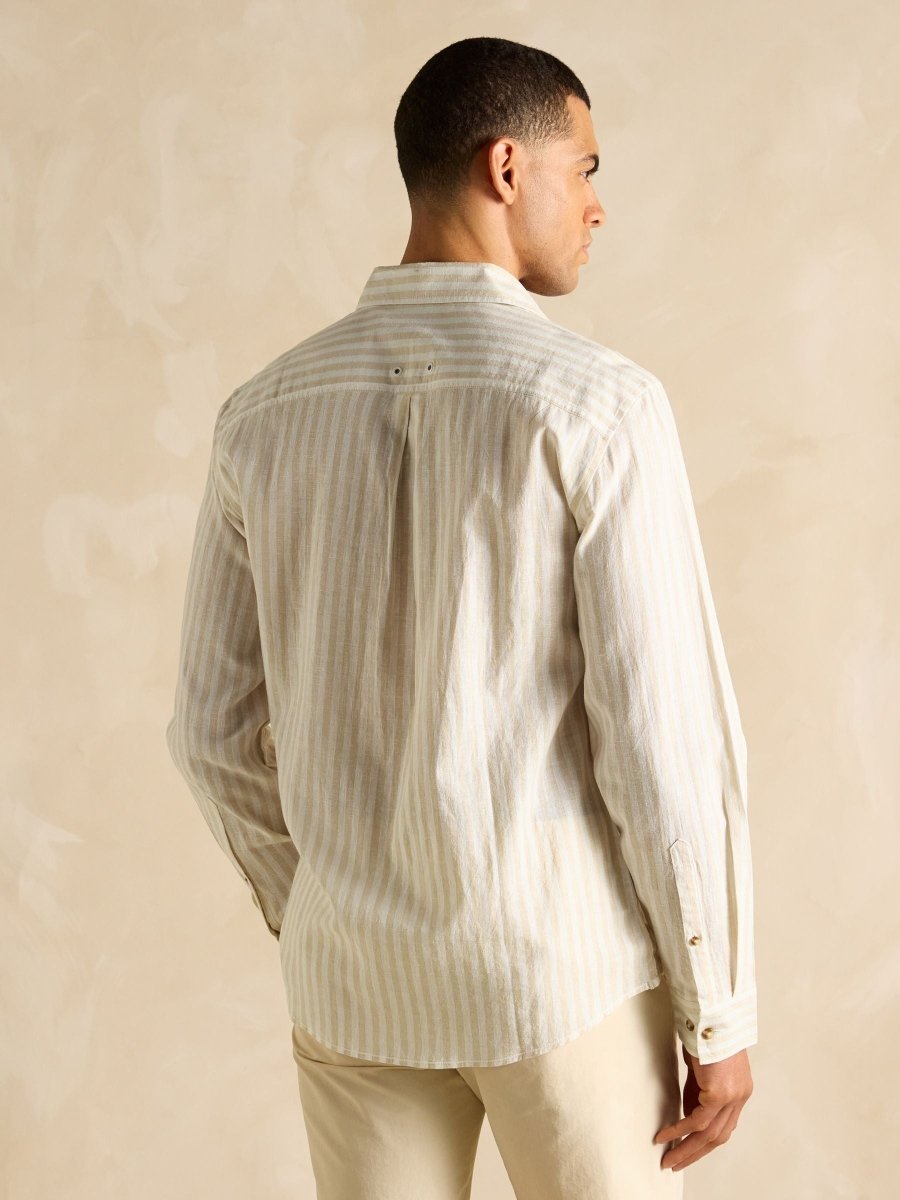 Linen Blend Cream/White Stripe Long Sleeve Shirt - RUTHERFORD & Co