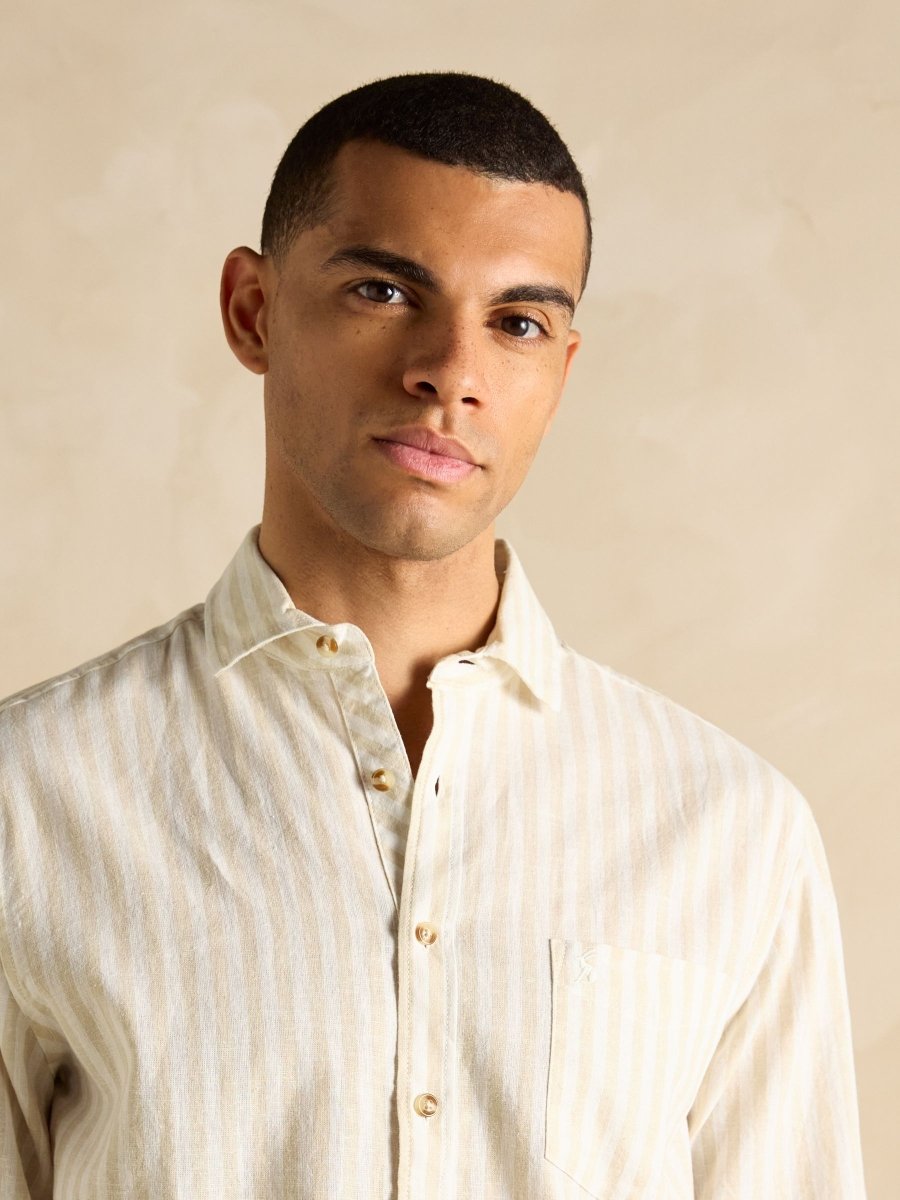 Linen Blend Cream/White Stripe Long Sleeve Shirt - RUTHERFORD & Co
