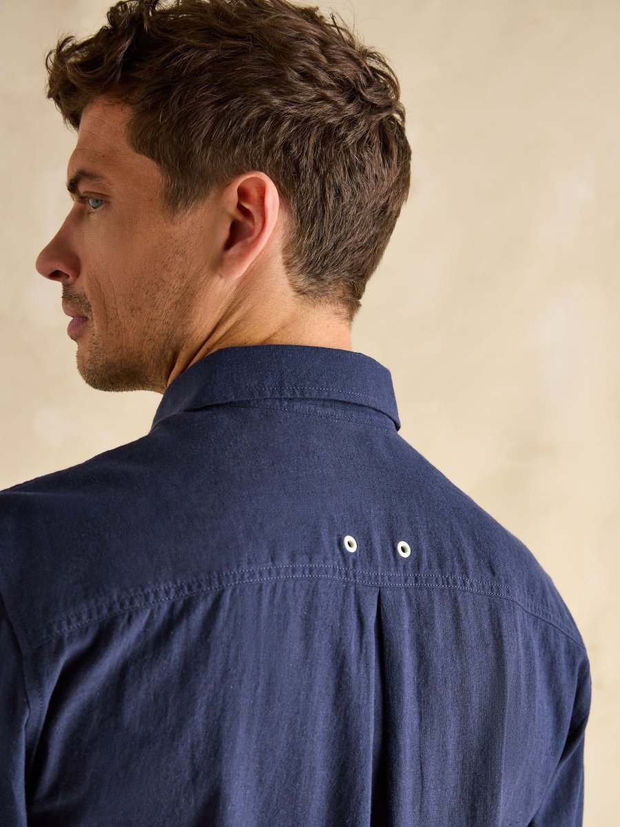 Linen Blend Navy Long Sleeve Shirt - RUTHERFORD & Co