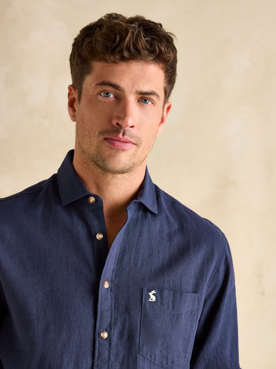 Linen Blend Navy Long Sleeve Shirt - RUTHERFORD & Co