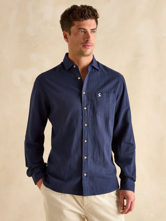 Linen Blend Navy Long Sleeve Shirt - RUTHERFORD & Co