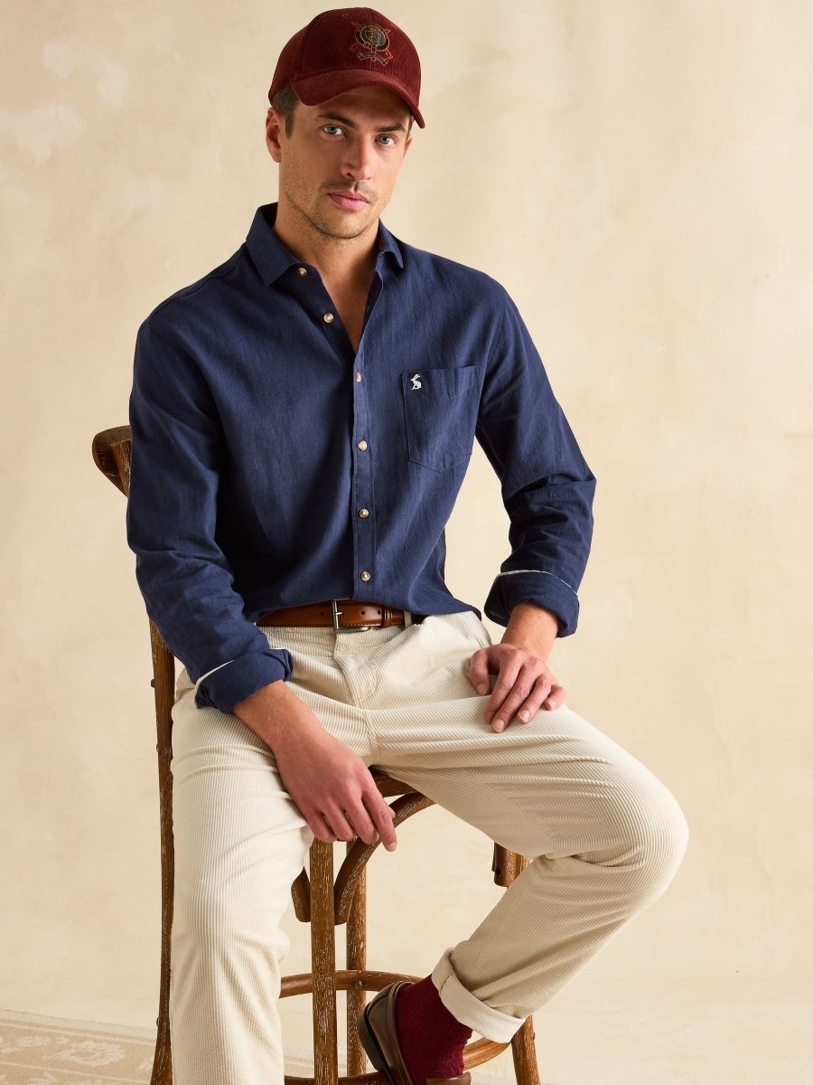 Linen Blend Navy Long Sleeve Shirt - RUTHERFORD & Co