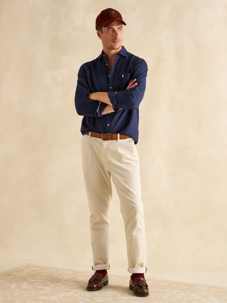 Linen Blend Navy Long Sleeve Shirt - RUTHERFORD & Co