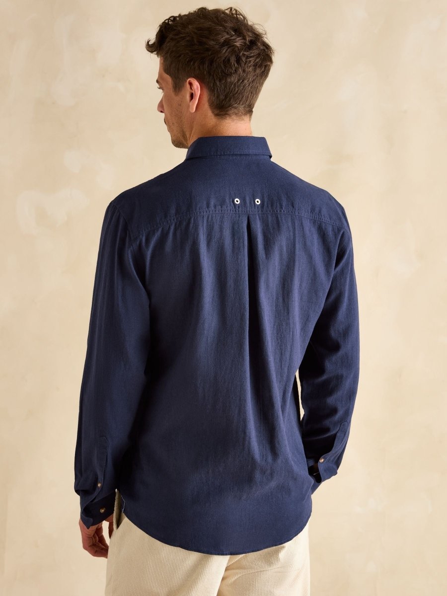 Linen Blend Navy Long Sleeve Shirt - RUTHERFORD & Co