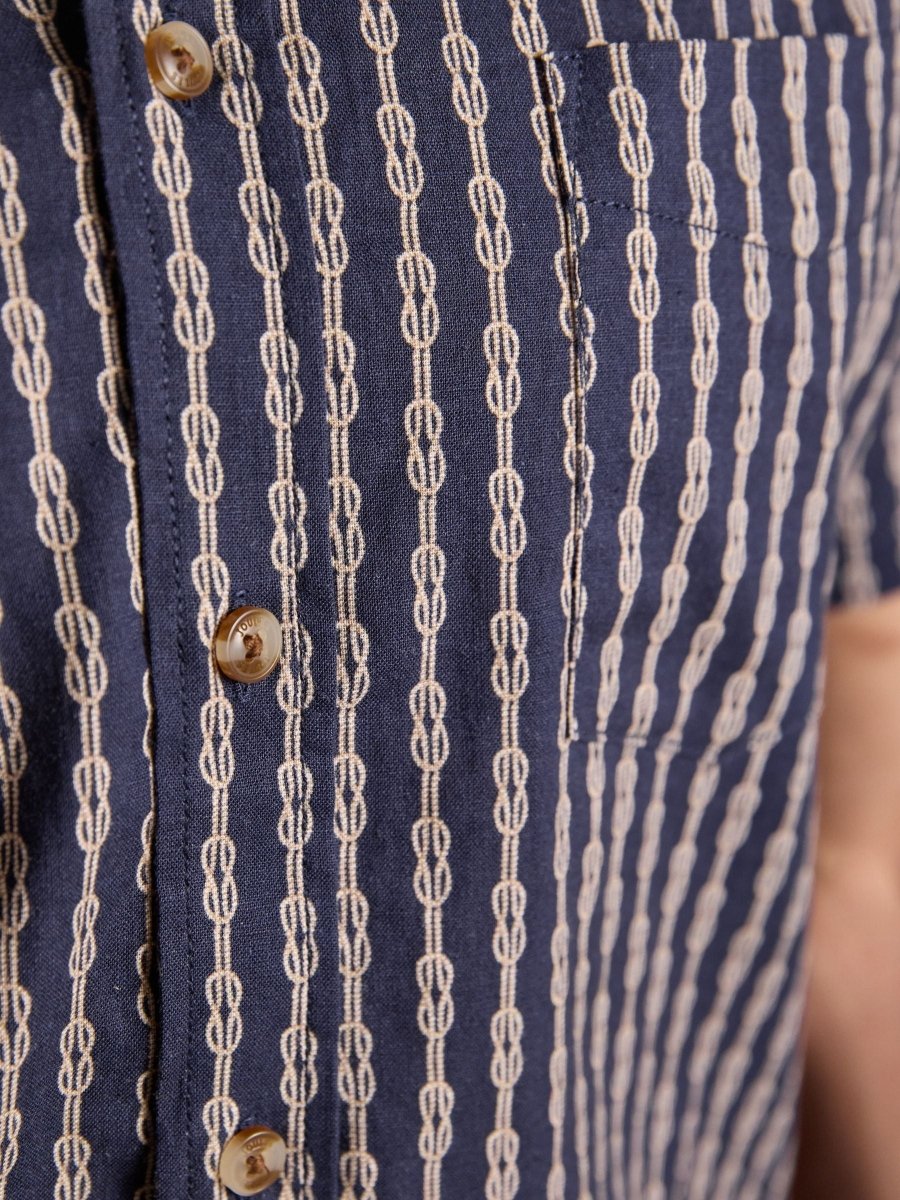 Linen Blend Navy Printed Short Sleeve Shirt - RUTHERFORD & Co