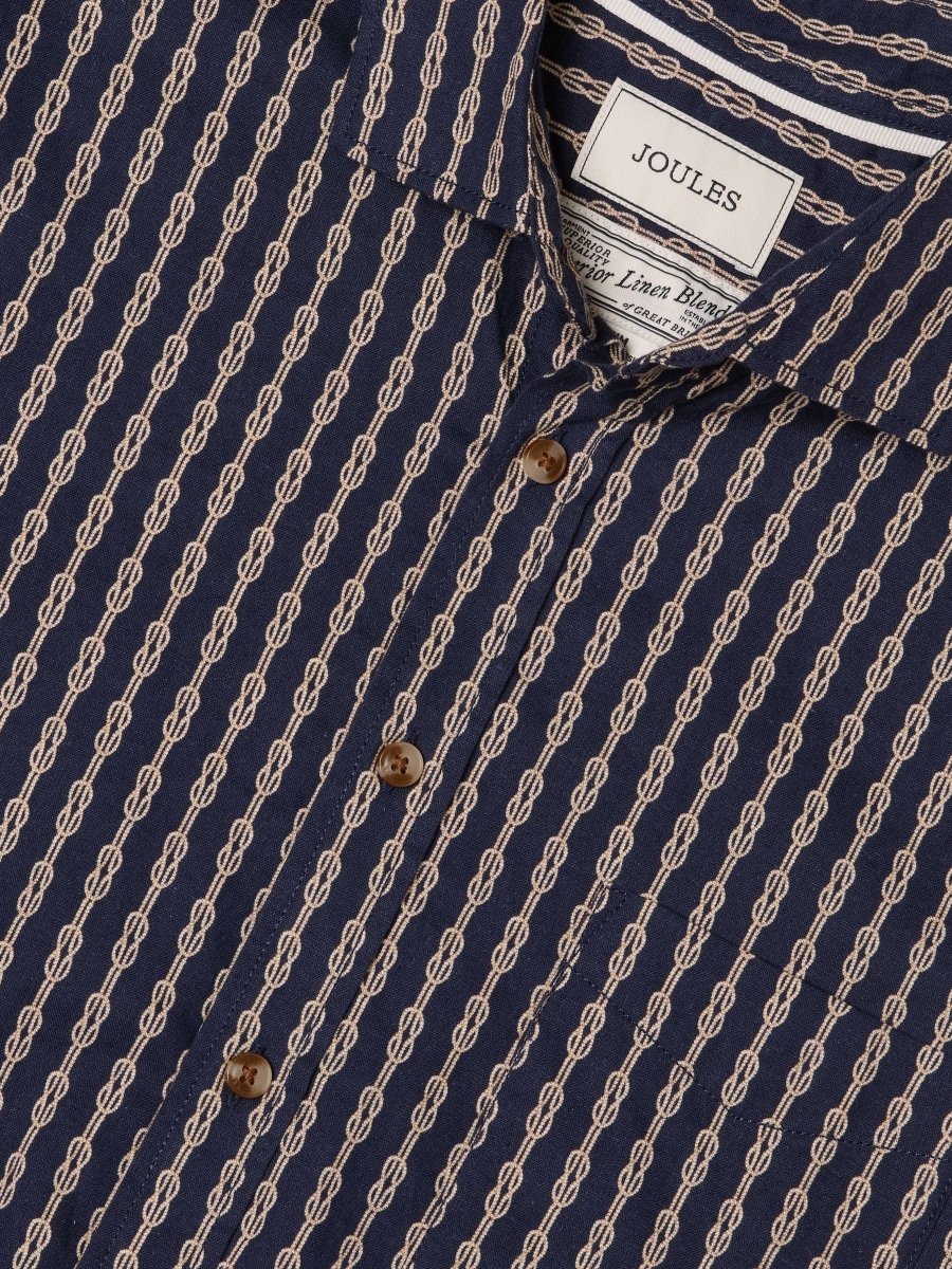 Linen Blend Navy Printed Short Sleeve Shirt - RUTHERFORD & Co