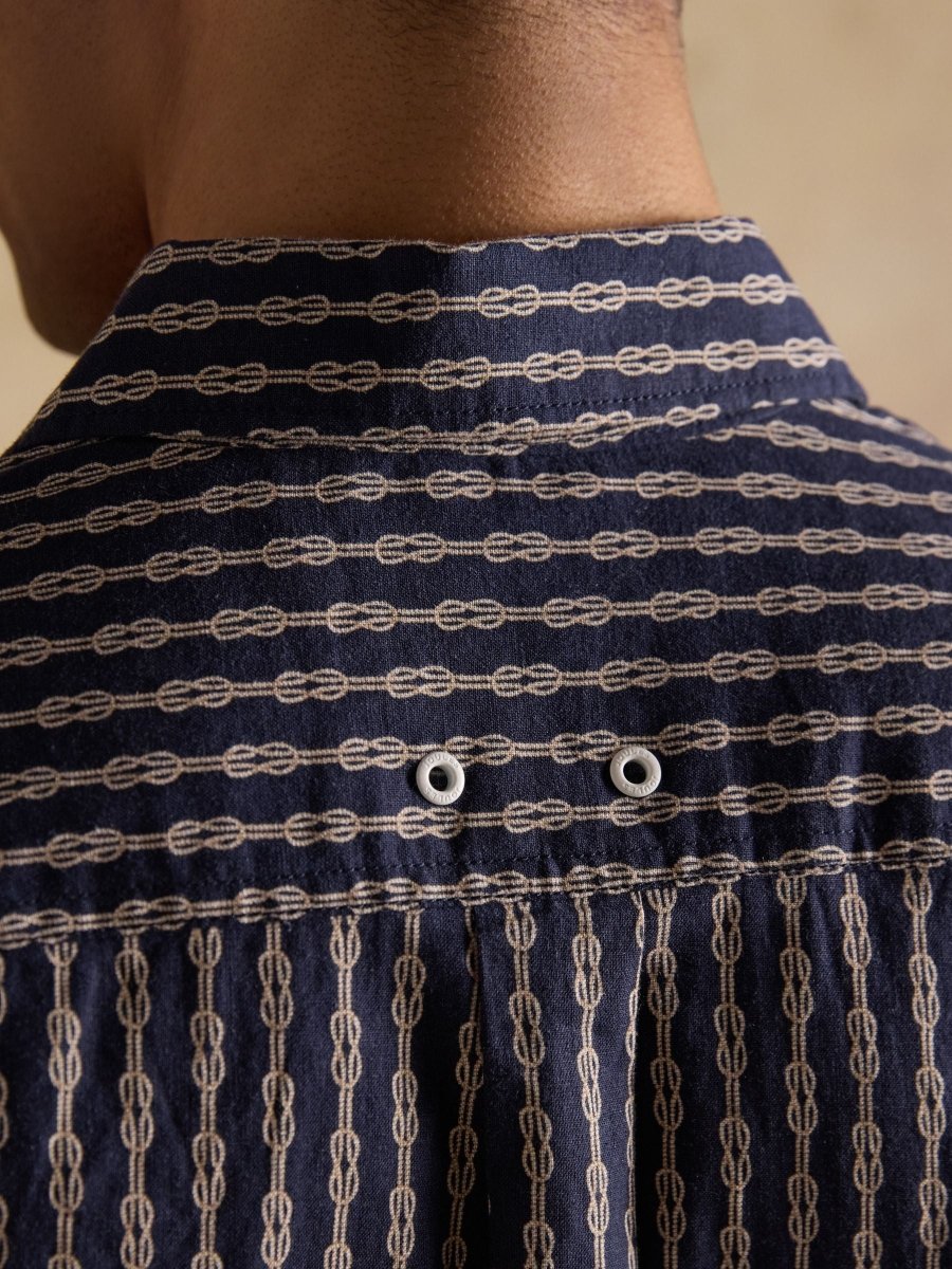Linen Blend Navy Printed Short Sleeve Shirt - RUTHERFORD & Co