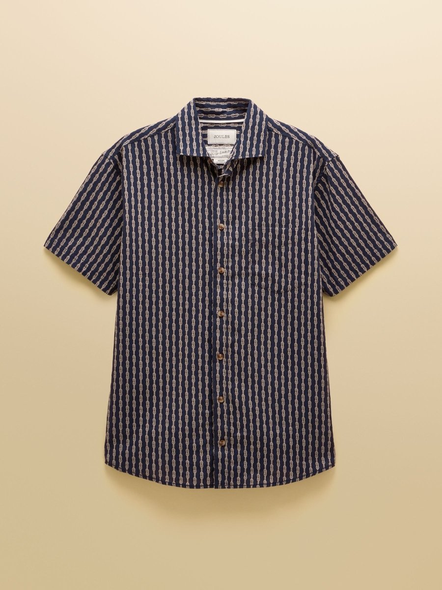 Linen Blend Navy Printed Short Sleeve Shirt - RUTHERFORD & Co