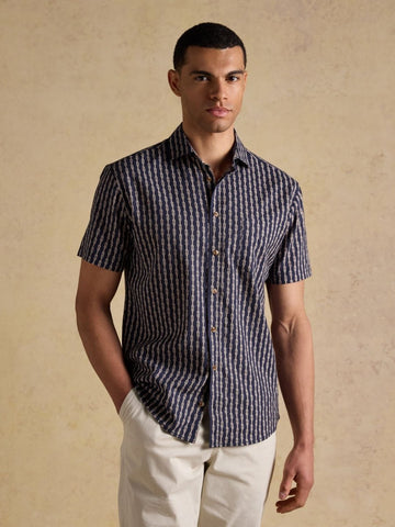 Linen Blend Navy Printed Short Sleeve Shirt - RUTHERFORD & Co