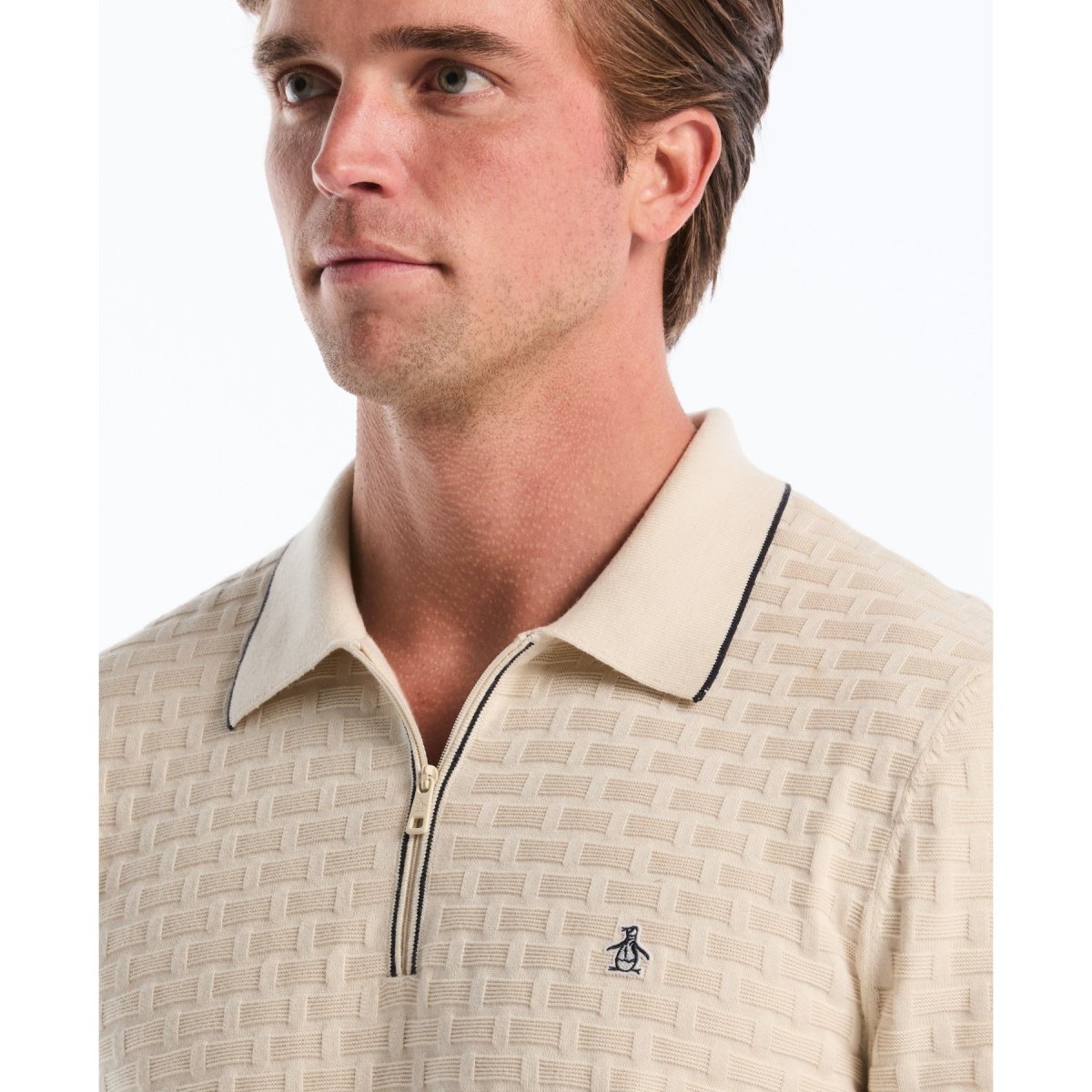 Links Stitch Quarter Zip Sweater Polo In Birch - RUTHERFORD & Co