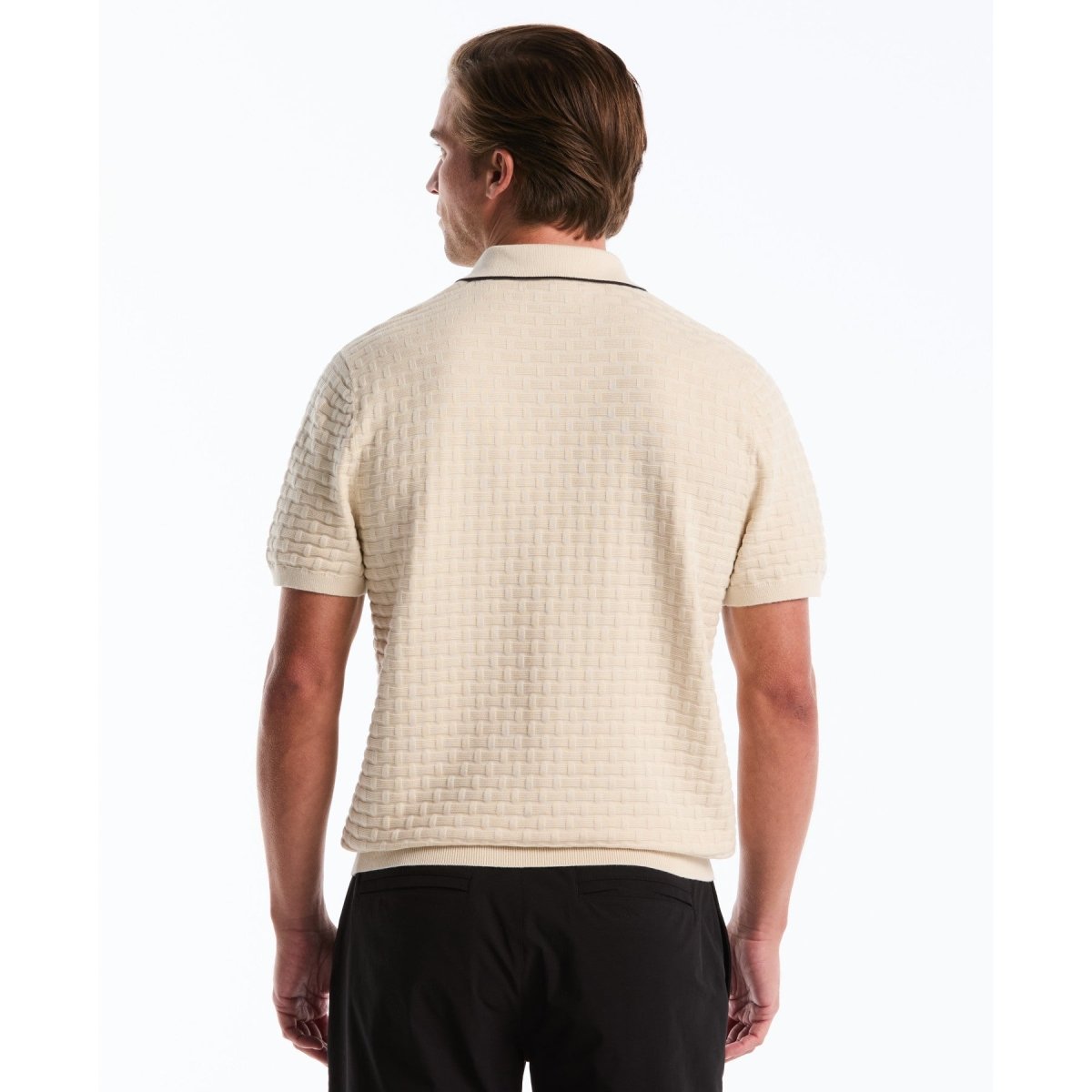 Links Stitch Quarter Zip Sweater Polo In Birch - RUTHERFORD & Co