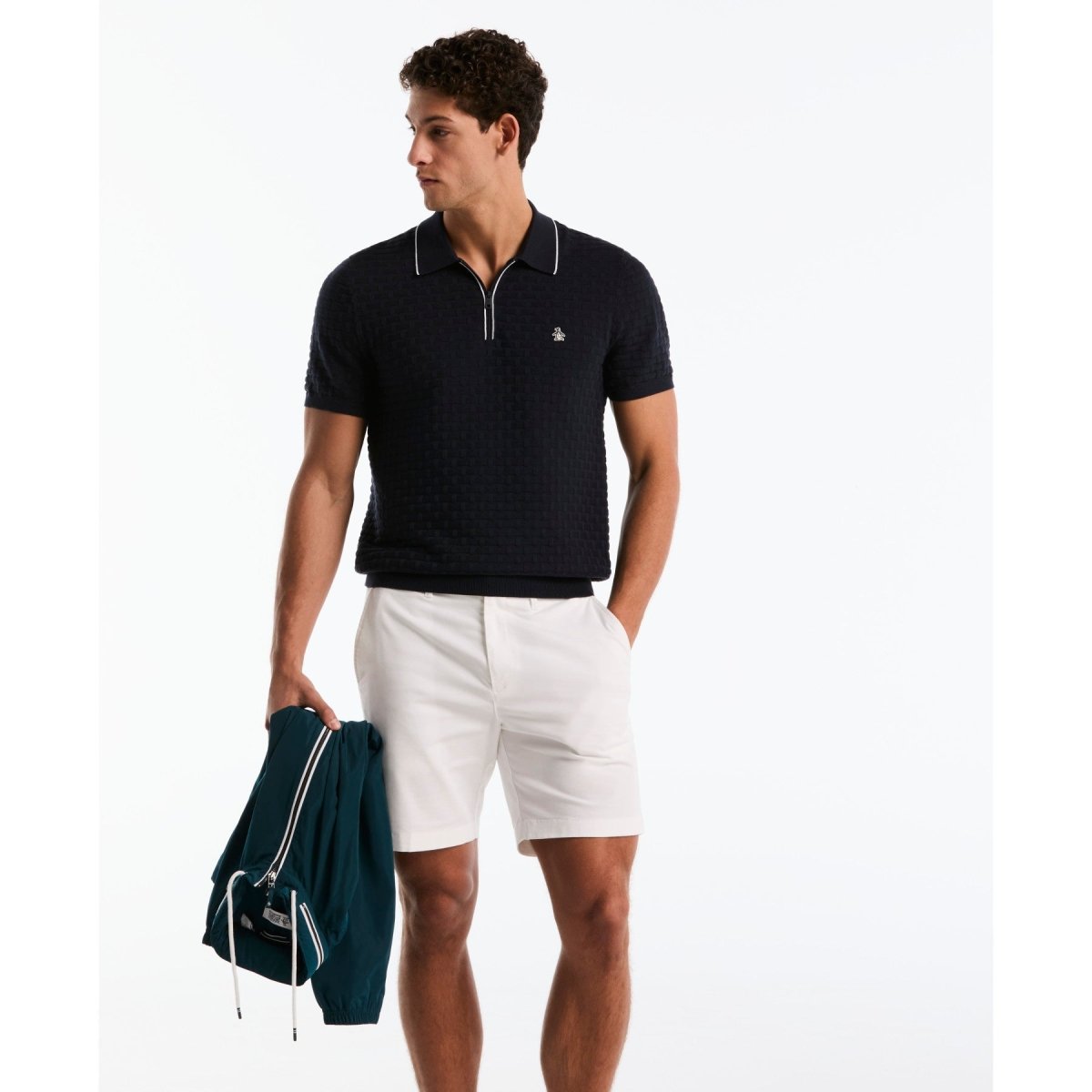 Links Stitch Quarter Zip Sweater Polo In Dark Sapphire - RUTHERFORD & Co